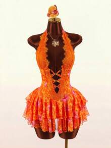Women's Lace Halter V-Neck Waist Ruffle Hem Mini Dress, Sexy & Avant-Garde, Suitable For Vacation Boho Style - Orange - View 3
