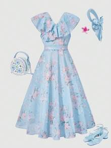 SHEIN Elladie kids 少女优雅简约时尚V领荷叶边无袖高腰中长款纯色雪纺蓝色正式连衣裙，夏季少女毕业/婚礼花童礼服 - 藍色 - 查看 4
