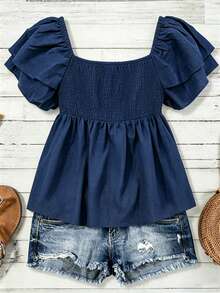 Camisa azul con mangas de gorra y cuello cuadrado con mangas volantes al estilo francés, ideal para el verano - Azul 2 - Ver 2