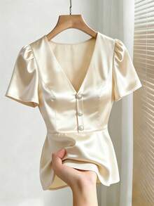 SHEIN Franclia Women's V-Neck Pearl Button Casual Blouse, Versatile Elegant Office Wear For Summer Blouse For Women Elegant Classy Blouse For Women Formal Attire Elegant Satin Top Satin Blouse For Women Blouse For Women Yk2k Tops Blouse Korean Style Yrack Suits For Ladies - Apricot - View 3