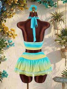 Amplova Bộ đồ hai mảnh ombre dành cho nữ, gợi cảm và phá cách, thích hợp cho trang phục đi nghỉ mát, thiết kế cổ yếm, vạt áo bất đối xứng hai lớp, phong cách biển thướt tha. - Màu xanh lam - Xem 9