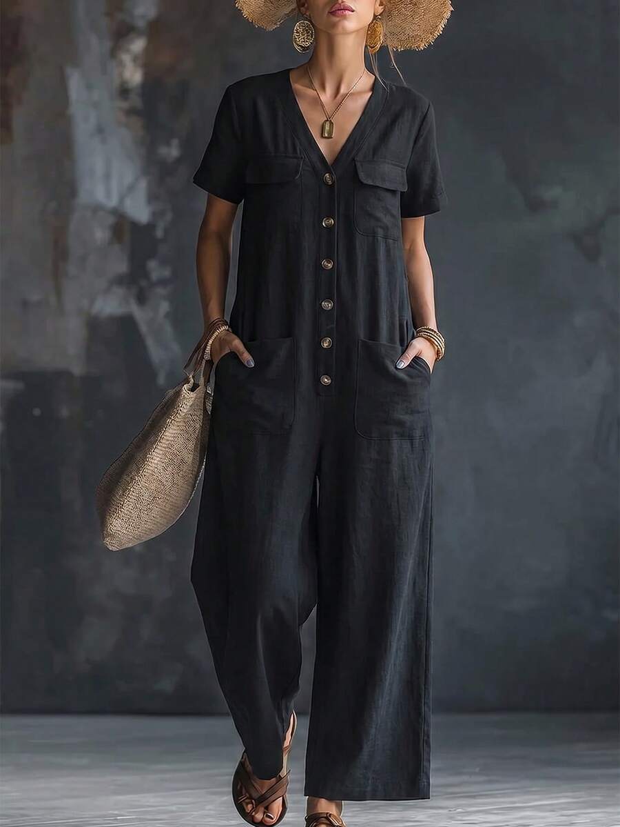 LanaWest Bộ jumpsuit nữ mùa hè màu đen cổ chữ V tay ngắn, ống lửng, túi hộp, dáng rộng, thiết kế tối giản kiểu phương Tây, thích hợp cho kỳ nghỉ. - màu đen - Xem 1