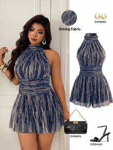 Femmeverse Plus Size Women's Fashion Sexy Halter Pleated Satin Fabric A-Line Romper - Blue - View 1