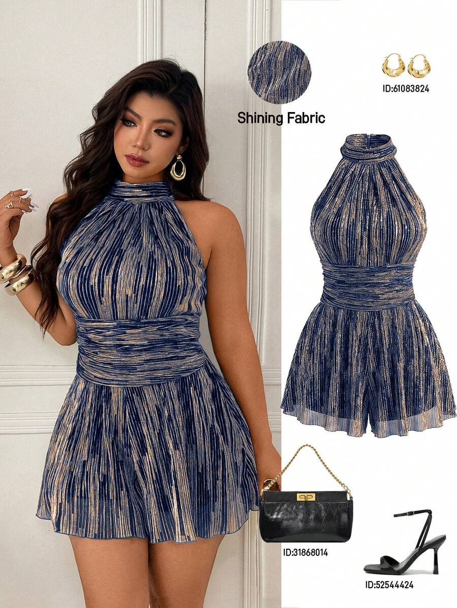 Femmeverse Plus Size Women's Fashion Sexy Halter Pleated Satin Fabric A-Line Romper - Blue - View 1