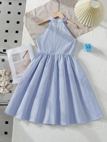 Gray-Blue Embellished Floral Sleeveless Jumpsuit, Loose Fit, Suitable For Young Girls For Casual Outings, Light Commuting, Hanging Out With Friends - Baby Blue - View 2