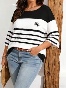 EMERY ROSE Plus Size Women Casual Striped & Equestrian Print Drop Shoulder T-Shirt, Suitable For Summer - Multicolor - View 6