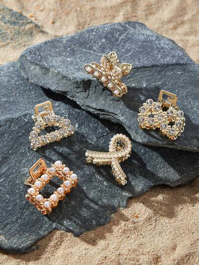 Opalesca 5 piezas Decoración de metal con perlas falsas y rhinestones para recogidos elegantes de mujer, diadema dorada para el Día de San Valentín, pinzas para el cabello, accesorios para el cabello con perlas, lazos para vacaciones, regalo de San Valentín para mujer