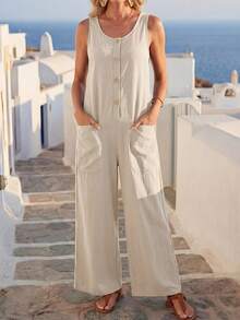 EMERY ROSE 女士纯色U领无袖宽松休闲连体裤，带口袋 - 卡其色 - 查看 3