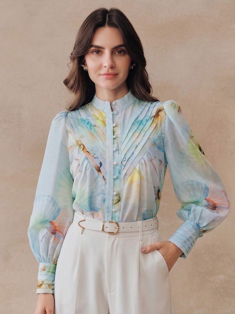 Spring/Summer New Light Blue Fresh Shell & Floral Print Collar Ruffle Long Sleeve Women Shirt