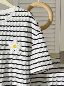 Tween Girls' Summer Casual Striped Patchwork Short Sleeve Round Neck T-Shirt + Elastic Waist Shorts Set - Black and White - View 3