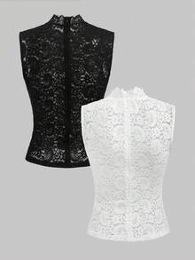 SHEIN Franclia 女士优雅性感透视蕾丝无袖黑白两件套上衣 - 彩色 - 查看 2