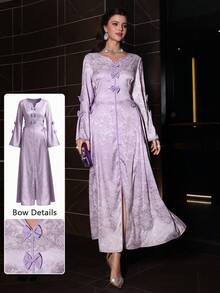 Al Najma V-Neck Flare Sleeve Bow Tie Side Cinched Waist Maxi Dress, Spring/Summer - Multicolor - View 5