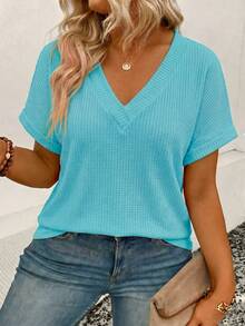 EMERY ROSE Plus Size Women's Fashion Casual Versatile Bestselling Neon Color V-Neck Short Sleeve T-Shirt - Blue - View 5