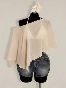 SHEIN ICON Plus Size Chiffon Wrap Triangle Cup Tie Camisole Top 2 Piece Set For Women - Apricot - View 4