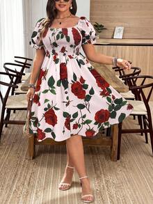 EMERY ROSE Plus Size Women's Square Neck Petal Sleeve Brown Red Rose Vacation Retro Peplum Decorated Button Front Dress - Multicolor - View 4