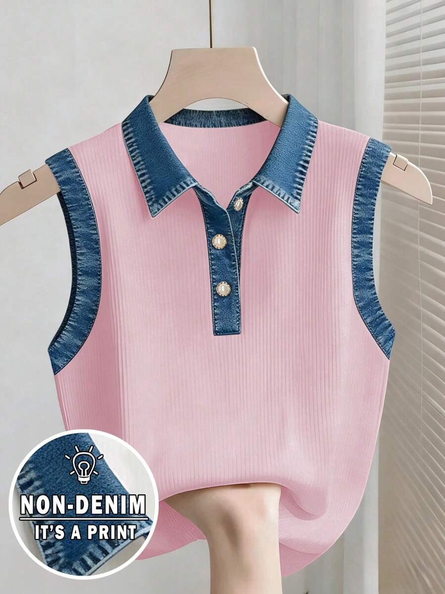 Áo hai dây nữ thời trang hiệu ứng denim, in họa tiết, cài nút nửa vạt, kiểu dáng tối giản. - Nhiều màu - Xem 1