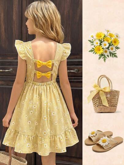 SHEIN Young Girls' Summer Cap Sleeve Yellow Dress, Fresh Pastoral Style, Suitable For Beach Vacation, Yellow & White Plaid, Made Of Soft Woven Fabric