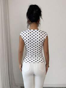 Selianne 女士优雅休闲度假波点印花垂褶领荷叶袖T恤，白色，春夏款 - 白色 - 查看 2