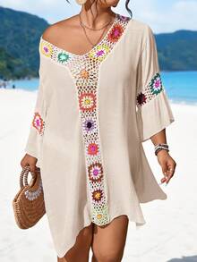 Swim Lushoire Vestido ligero de playa con apertura lateral sexy y ajuste ceñido para mujer de talla grande, con cuello en V, hecho a mano a ganchillo y calado - Albaricoque - Ver 6