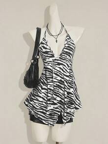 SHEIN ICON Women's Summer Zebra Print Ruffled Hem Sexy Halter Neck Tank Top - Black and White - View 9