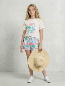 SHEIN Tween Girls Colorblock Short Sleeve T-Shirt And Shorts Set,Beige,Summer,Casual,Funny,Vacation Gift,Holiday,Lightweight Pink Outfit Sets - Multicolor - View 10