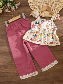 SHEIN Vintaside Kids 女童 2 件組夏季套裝，花卉印花荷葉袖 T 恤上衣與梭織長褲套裝，韓風家庭度假度假服飾 - 紅色 - 查看 2