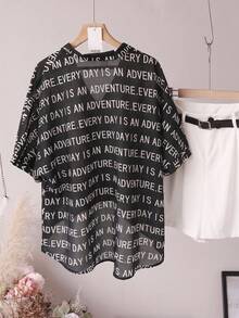 INAWLY Plus Size Women Summer Casual Letter Print Shirt - Black - View 2