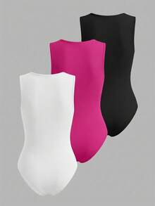 EMERY ROSE Set de 3 bodys ajustados de mujer de unicolor, con cuello cuadrado y sin mangas, de canalé, para verano - Multicolor - Ver 2