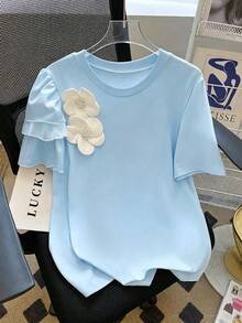 INAWLY Plus Size Women Casual Elegant 3D Floral T-Shirt Tea Party Light Blue Summer - Blue - View 8