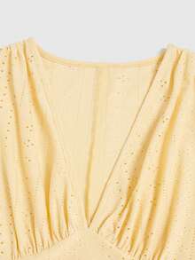 SHEIN Elenzya Đầm ngắn thanh lịch cổ chữ V, xếp ly ngực, tay bồng, eo thắt, tôn dáng và giúp thon gọn cho phái nữ. - Vàng nhạt - Xem 4