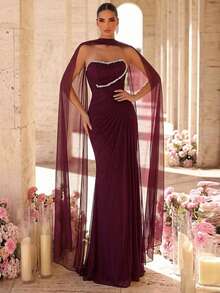 Glamrae Elegant Wine Red High-Stretch Mesh Strapless Dress,Pearl & Diamond Waist Decor Ruched A-Line Fishtail Skirt With Detachable Halter For Wedding,Formal - Burgundy - View 5