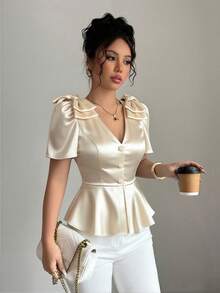 Elenzga Nueva blusa elegante y refinada para dama de oficina, con diseño de lazo en el cuello en V, apertura frontal, de tela de twill color albaricoque, versátil y estilizadora - Albaricoque - Ver 5