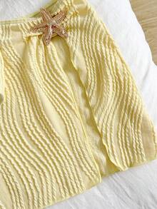 SHEIN 3pcs Tween Girls Solid Yellow Textured Knit Swimwear Set, Starfish Button Adorable Swimwear Set For Beach, Holiday, Vacation - Yellow - View 7