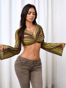 INAWLY Solva Women's Striped Patchwork Casual Boho Versatile Daily Wear Top Vacation Olive Green Summer - Multicolor - View 4