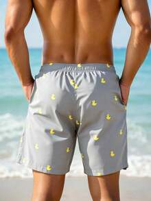 Genlund Men's Yellow Duck Print Beach Shorts, Holiday - Light Grey - View 2