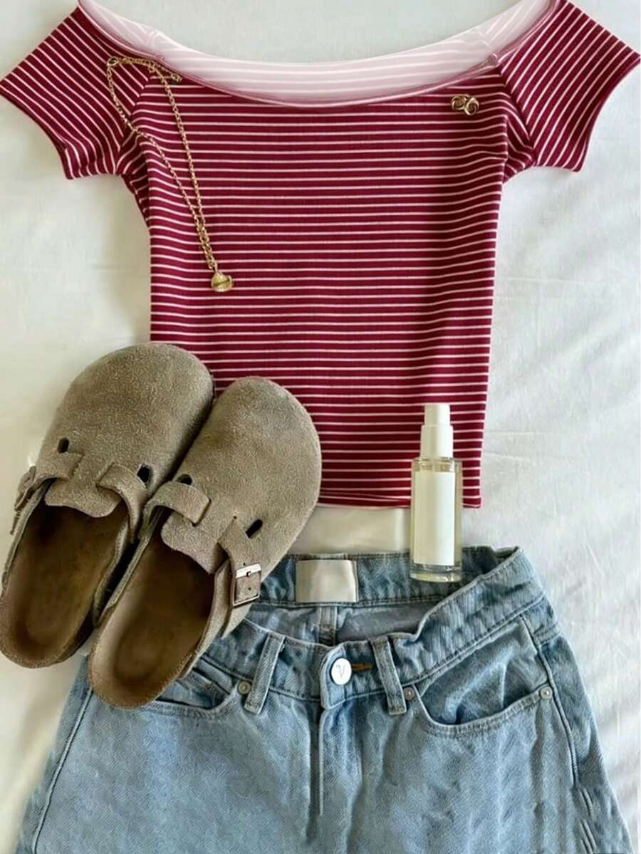SHEIN Digital Stripe Print Off-Shoulder Short Sleeve T-Shirt For Women, Summer - Multicolor - View 1