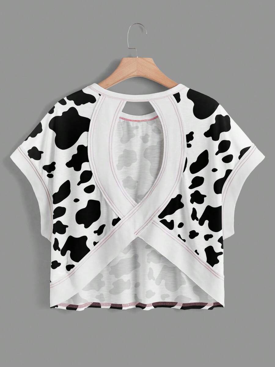 SHEIN Essnce Áo thun nữ dáng rộng không tay, cổ tròn, hở lưng, vạt bất đối xứng, thích hợp cho mùa hè, họa tiết bò sữa, trang phục mùa hè cho nữ. - Nhiều màu - Xem 1