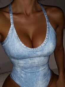 Áo liền thân nữ thời trang in họa tiết giả denim, kiểu dáng thường ngày. - Nhiều màu - Xem 1