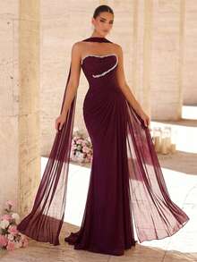 Glamrae Elegant Wine Red High-Stretch Mesh Strapless Dress,Pearl & Diamond Waist Decor Ruched A-Line Fishtail Skirt With Detachable Halter For Wedding,Formal - Burgundy - View 6