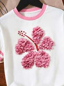 Girls' Colorblock Round Neck Short Sleeve T-Shirt, Floral Print Decor Casual Versatile Children Top, Summer - Multicolor - View 5