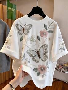 Tween-Mädchen Casual Blumen- & Schmetterlings-Muster Loose Fit Drop-Shoulder Kurzarm T-Shirt, geeignet für den Sommer, Drop-Shoulder - Weiss - Übersicht 3