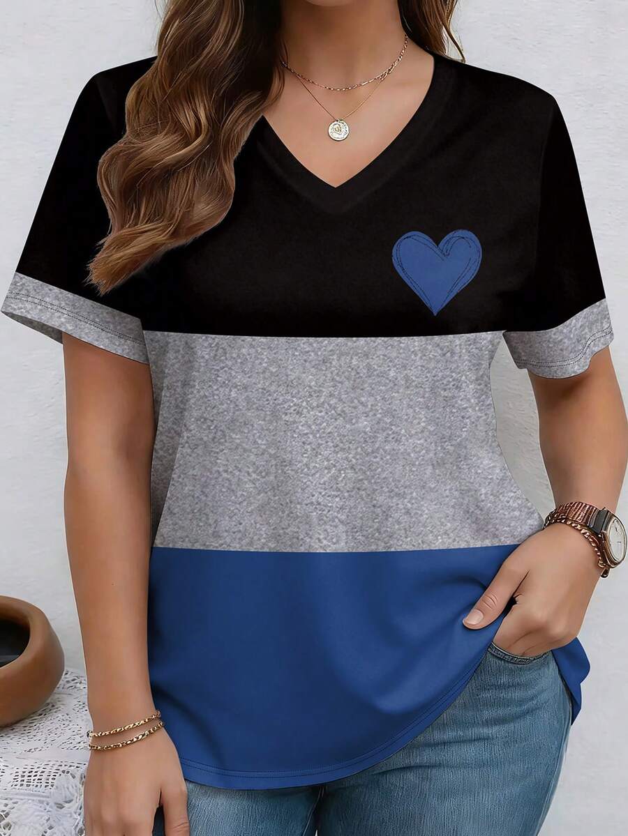 EMERY ROSE Heart Pattern Patchwork V-Neck Short Sleeve Casual Plus Size T-Shirt - Multicolor - View 1