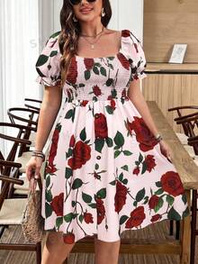 EMERY ROSE Plus Size Women's Square Neck Petal Sleeve Brown Red Rose Vacation Retro Peplum Decorated Button Front Dress - Multicolor - View 3