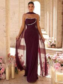 Glamrae Elegant Wine Red High-Stretch Mesh Strapless Dress,Pearl & Diamond Waist Decor Ruched A-Line Fishtail Skirt With Detachable Halter For Wedding,Formal - Burgundy - View 7