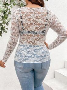 EMERY ROSE Plus Size Solid Color Sheer Lace Sexy Fitted Long Sleeve Top - White - View 2