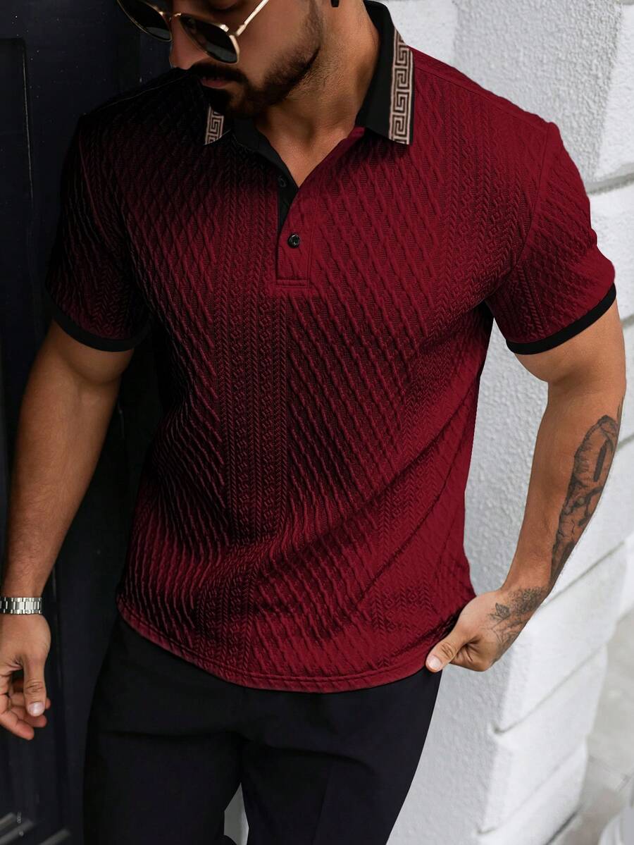 Manfinity Homme 時尚男士酒紅色羅紋針織圖案短袖針織布料標準長度 Polo 衫,適用於正式場合與儀式 - 酒紅色 - 查看 1