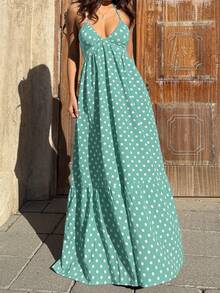Vestido largo con escote en V profundo, cuello halter y espalda descubierta con lazo en la cintura, estilo vintage romántico de playa y vacaciones, primavera/verano, con lunares negros - Verde - Ver 11