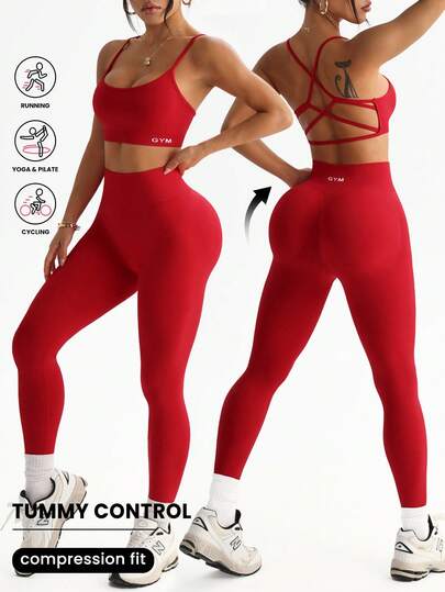 Core Rhythm H1223 Red Seamless Fitted Comfortable Spaghetti Strap Sports Set