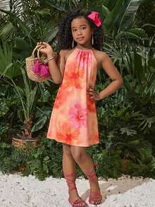 少女休闲碎花无袖吊带连衣裙，度假风 - 彩色 - 查看 1