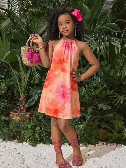 少女休闲碎花无袖吊带连衣裙，度假风